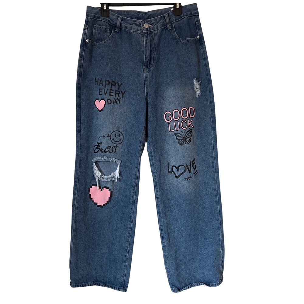 Womens Distressed Wide Leg Jeans‎ Denim Graphic Print Y2K High Waist Trousers 12